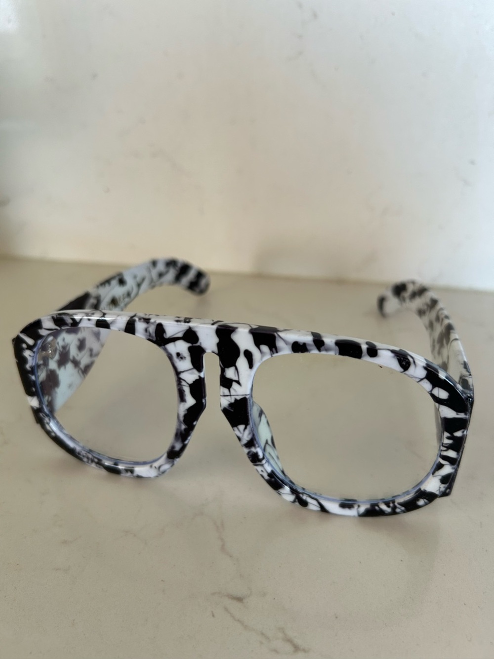 If You Dare Studios Black & White Marble Fashion Frames/ blue tint lenses